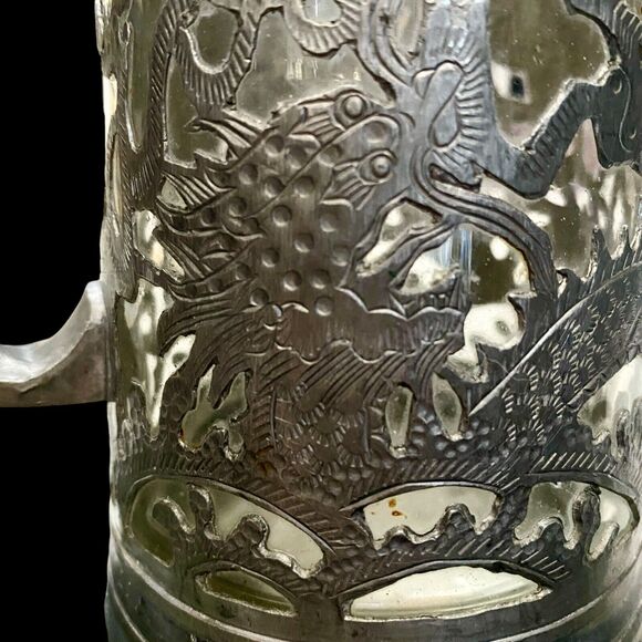 Asian Dragon Pewter Tankard Ngan Winghing 16 Oz Decorated Glass Lined Korea Vtg - Picture 1 of 14